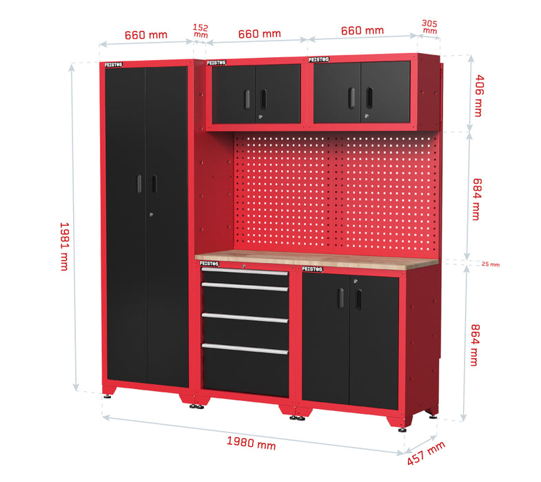 Werkstatteinrichtung | Hochschrank Juno 2 | Schwarz/Rot | 198x46x198 cm