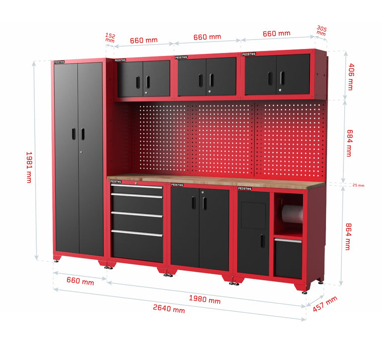 Werkstatteinrichtung | Werkzeugschrank Juno 3 | Schwarz/Rot | 264x46x198 cm