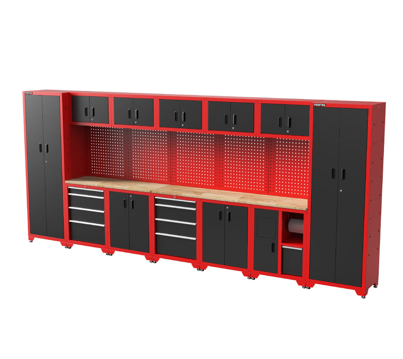 Werkstatteinrichtung | Werkzeugschrank Juno 12 | inkl. Lochwand | Schwarz/Rot | 462x46x198 cm