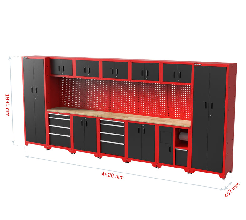 Werkstatteinrichtung | Werkzeugschrank Juno 12 | inkl. Lochwand | Schwarz/Rot | 462x46x198 cm