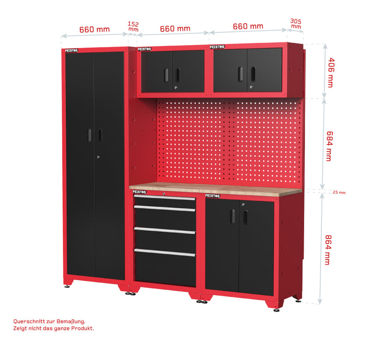 Werkstatteinrichtung | Werkzeugschrank Juno 12 | inkl. Lochwand | Schwarz/Rot | 462x46x198 cm