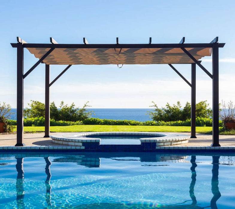 pergola mit verstellbarem sonnensegel Aluminium Pavillon Modena 12x20 inkl. Sonnensegel Holzoptik 360x623x239 cm