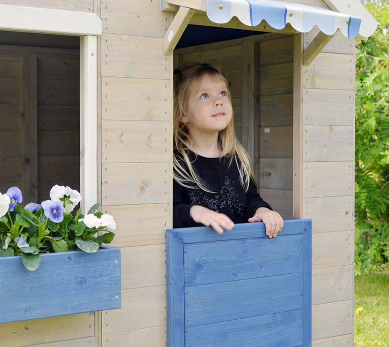 Holz Spielhaus Kaufladen Dachs inkl. Markisen blau - werkzeugprofi24.at