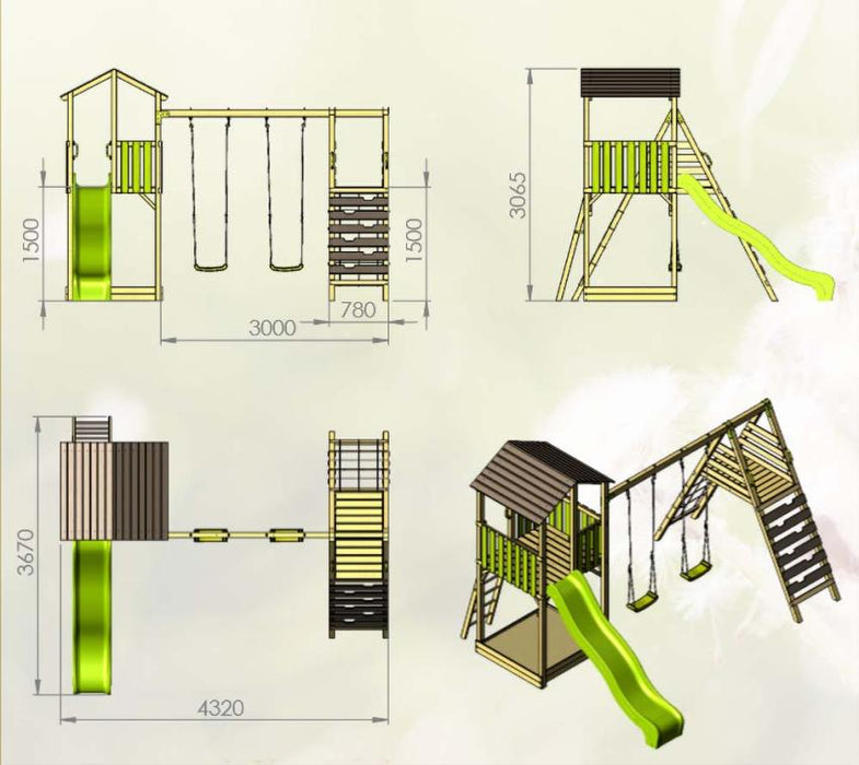 Holz Spielhaus Stelzenhaus Klettergerüst Dino inkl. Rutsche, Schaukel und Sandkasten grün - werkzeugprofi24.at