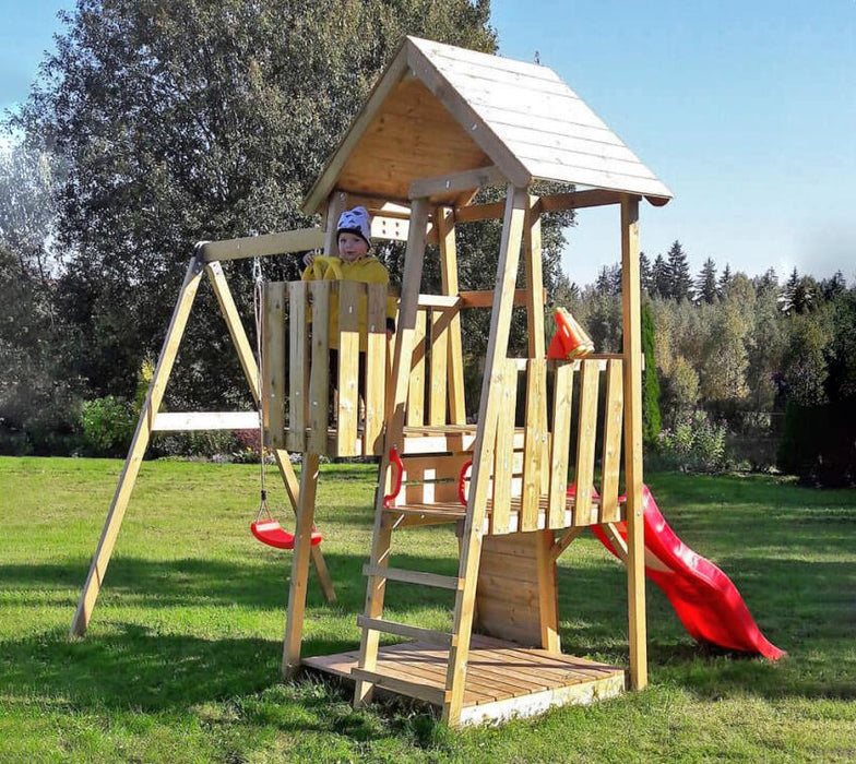 Holz Spielhaus Stelzenhaus Klettergerüst Panda inkl. Schaukel und Rutsche rot - werkzeugprofi24.at