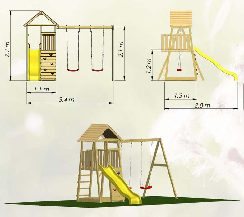 Holz Spielhaus Stelzenhaus Klettergerüst Pinguin inkl. Sandkasten, Schaukel, Rutsche gelb - werkzeugprofi24.at