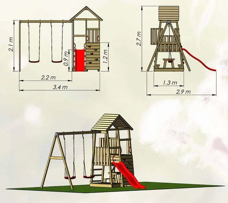 Holz Spielturm Flamingo | mit Rutsche, Kletterwand, 2 Schaukeln & Picknicktisch | Natur | 280x340x270 cm - werkzeugprofi24.at