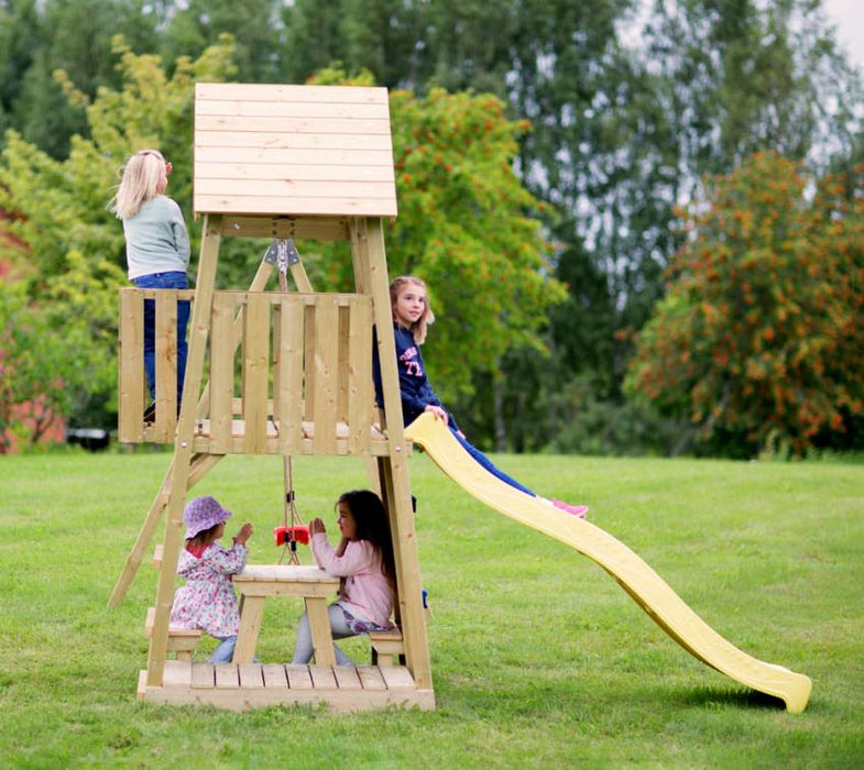 Holz Spielturm Giraffe | mit Rutsche, Kletterwand, 2 Schaukeln & Picknicktisch | Natur | 280x340x270 cm - werkzeugprofi24.at