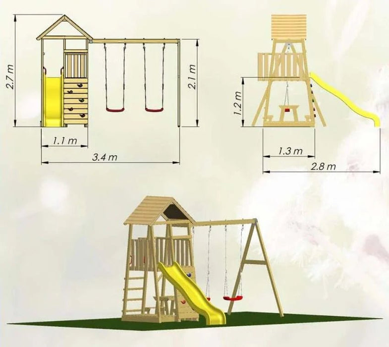 Holz Spielturm Giraffe | mit Rutsche, Kletterwand, 2 Schaukeln & Picknicktisch | Natur | 280x340x270 cm - werkzeugprofi24.at