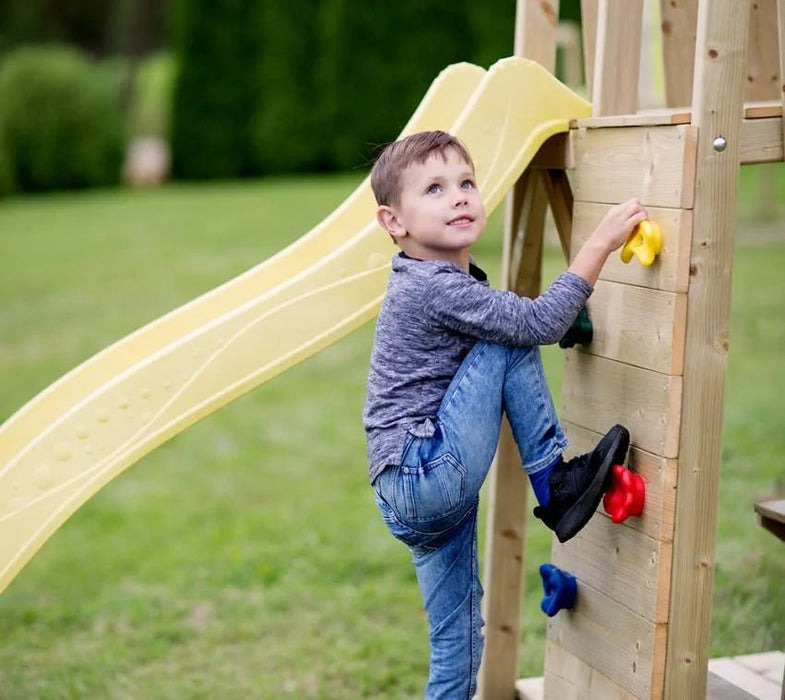 Holz Spielturm Giraffe | mit Rutsche, Kletterwand, 2 Schaukeln & Picknicktisch | Natur | 280x340x270 cm - werkzeugprofi24.at