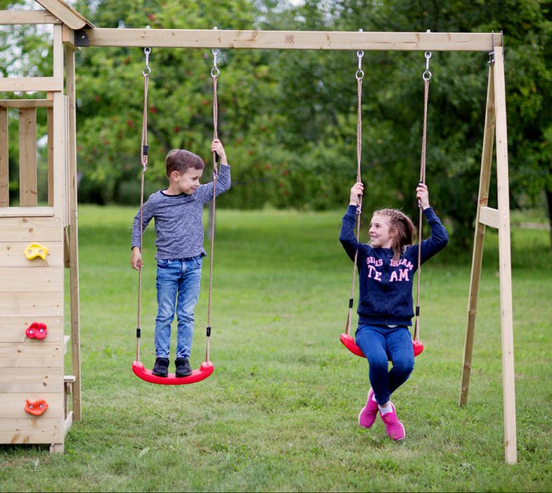 Holz Spielturm Giraffe | mit Rutsche, Kletterwand, 2 Schaukeln & Picknicktisch | Natur | 280x340x270 cm - werkzeugprofi24.at