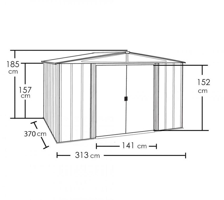 Metall Gerätehaus Woodlake 10x12 holzoptik 313x370x185 cm - werkzeugprofi24.at