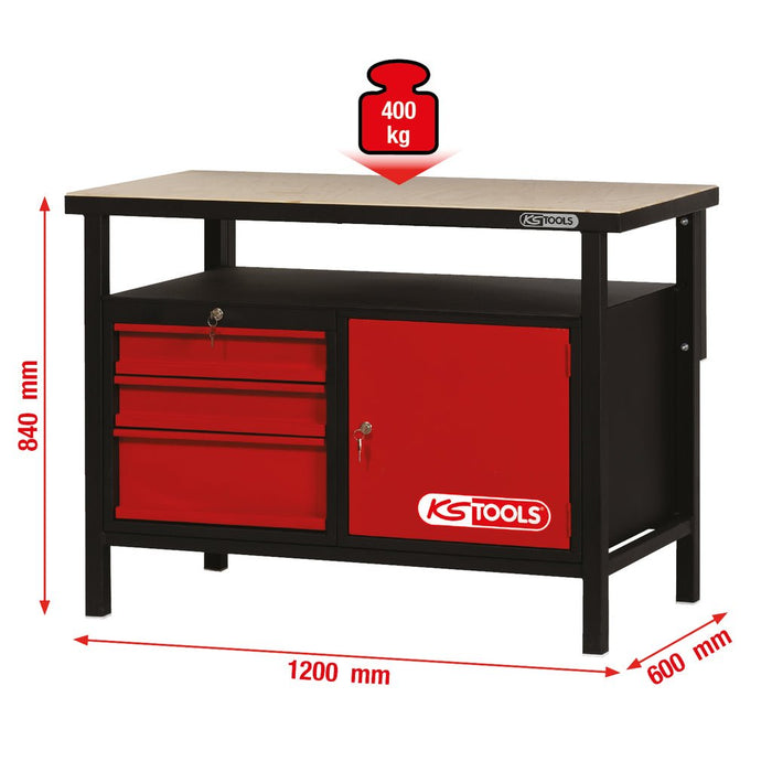 Werkbank mit 3 Schubladen und 1 Tür, H840xB1200xT600mm - werkzeugprofi24.at